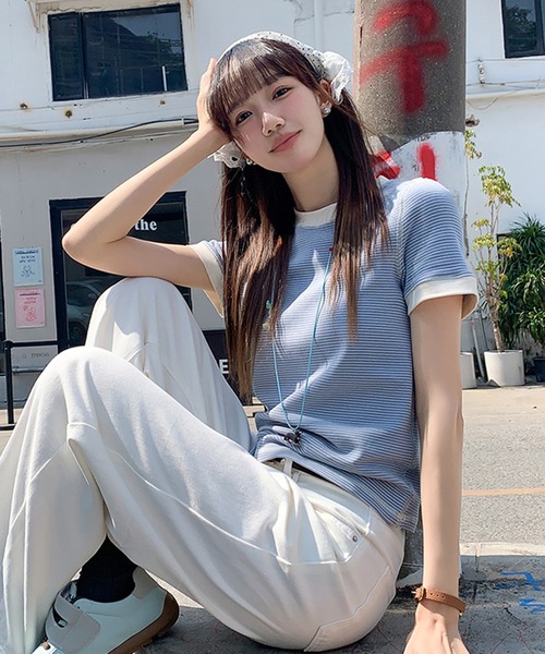 SHEPP(シープ)の「配色 アウトステッチボーダー リンガーTシャツ【トレンド】(Tシャツ/カットソー・レディース・ブルー/グレー/ネイビー・M)」の11枚目の写真