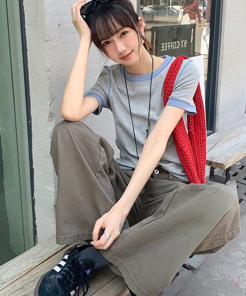 SHEPP(シープ)の「配色 アウトステッチボーダー リンガーTシャツ【トレンド】(Tシャツ/カットソー・レディース・ブルー/グレー/ネイビー・M)」の16枚目の写真