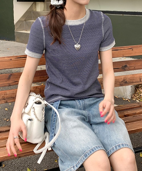 SHEPP(シープ)の「配色 アウトステッチボーダー リンガーTシャツ【トレンド】(Tシャツ/カットソー・レディース・ブルー/グレー/ネイビー・M)」の5枚目の写真