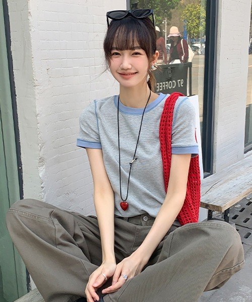 SHEPP(シープ)の「配色 アウトステッチボーダー リンガーTシャツ【トレンド】(Tシャツ/カットソー・レディース・ブルー/グレー/ネイビー・M)」の6枚目の写真