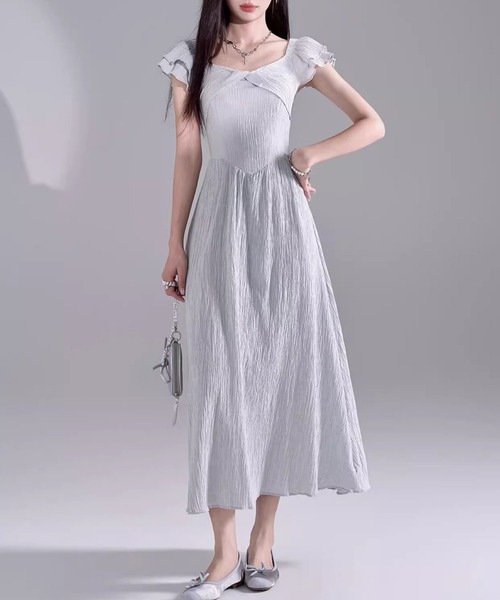 Rene 21SS ドライタッチ ウォッシャブル 袖フリルワンピース 38 セール】ワッシャー フリル袖 バックリボン ロング ワンピース