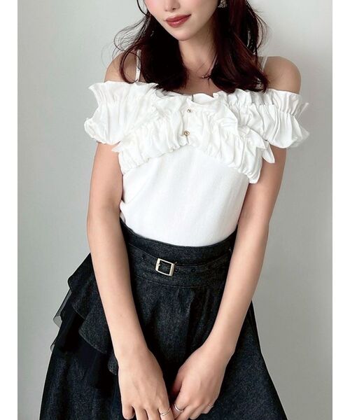 RESEXXY(リゼクシー)の「ボリュームフリルドッキングカットトップス(Tシャツ/カットソー・レディース・ブラック/イエロー/ホワイト・FREE)」の1枚目の写真