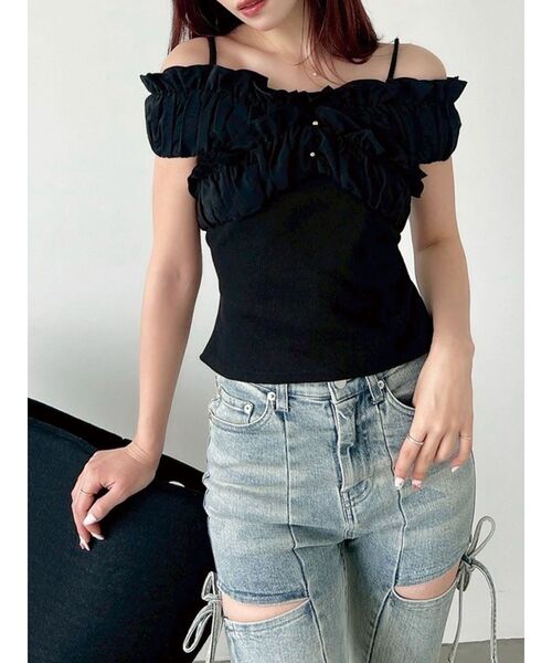 RESEXXY(リゼクシー)の「ボリュームフリルドッキングカットトップス(Tシャツ/カットソー・レディース・ブラック/イエロー/ホワイト・FREE)」の2枚目の写真