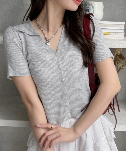 グレー 半袖 リブ編み ニットjwbbw グレー 半袖ニット リブ編み メッシュ - メルカリ