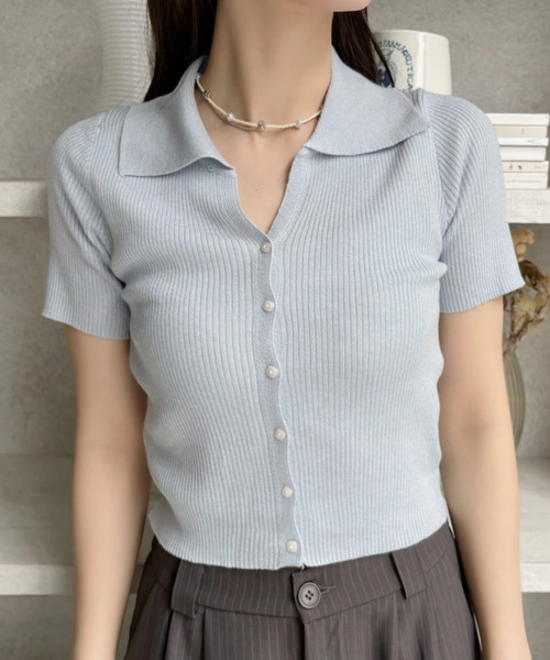 DECENBERMAY リブ編みニット 半袖 楽天市場】半袖 リブニット 小さめ トップス セーター 襟付き