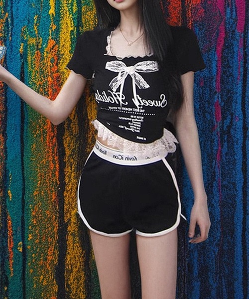 AsheKsha(アシクシャ)の「【新作】ファッショナブルなスウィートフリルショートスリーブTシャツ(Tシャツ/カットソー・レディース・ブラック・F)」の8枚目の写真