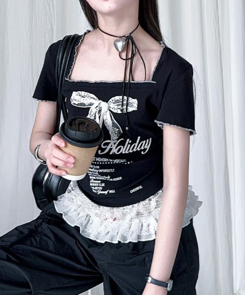 AsheKsha(アシクシャ)の「【新作】ファッショナブルなスウィートフリルショートスリーブTシャツ(Tシャツ/カットソー・レディース・ブラック・F)」の15枚目の写真