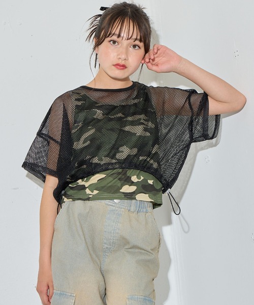 メッシュ迷彩ドッキングトップス（Tシャツ/カットソー）｜BISKEE