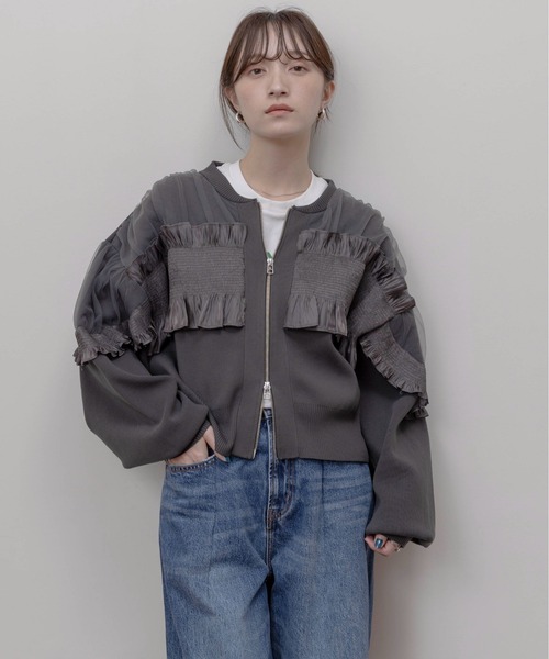 【新品】Eimee Law エイミーロウ　シャーリングフリルニットブルゾン　黒 シャーリングフリルニットブルゾン Eimee Law│Eimee Law & LHELBIE