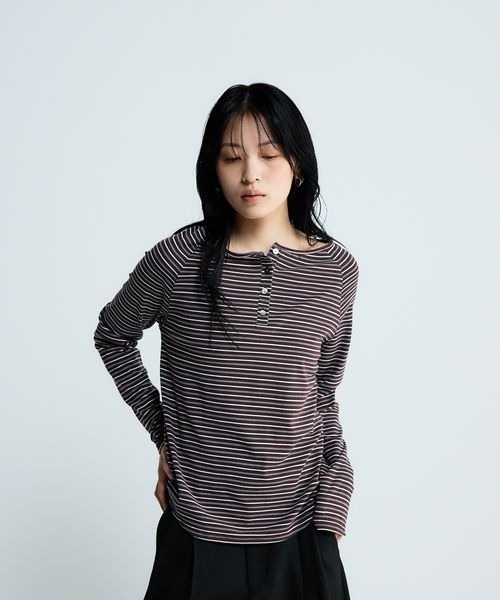 JEANASIS(ジーナシス)の「マルチボーダーヘンリーLST/589935(Tシャツ/カットソー・レディース・ホワイト系その他/ブラック/ブラウン系その他・FREE)」の3枚目の写真