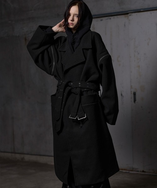 ジャケット・アウター HATRA Organ Trench black/2 19AW ERAR】ジップアームダブルベルトデザインオーバーサイズメルトン