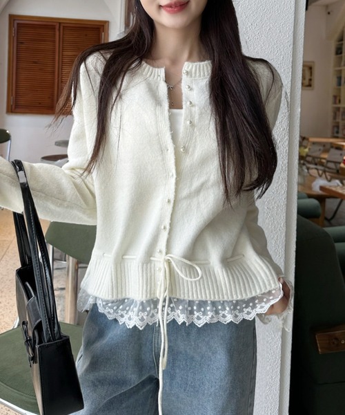 ELISA(エリザ) カーディガン サイズ2 M レディース美品  - 白 長袖/レース/パール ELISA(エリザ) カーディガン サイズ2 M レディース美品 - 白