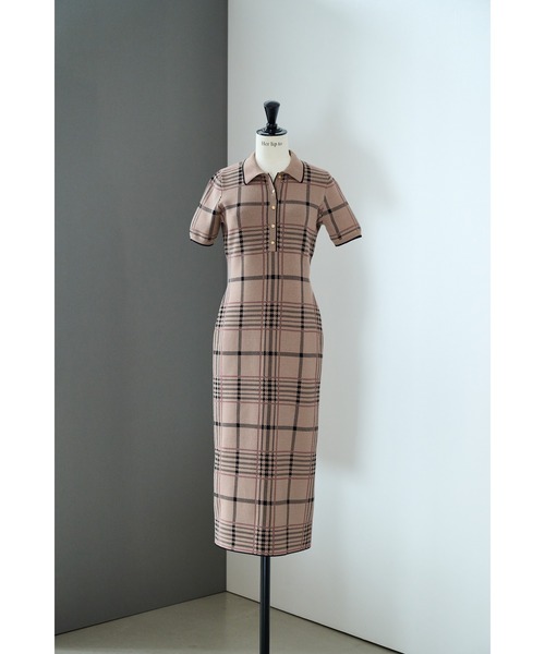 Gold-Buttoned Plaid Knit Dress