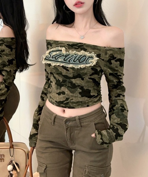 Riff(リフ)の「迷彩柄オフショルトップス(Tシャツ/カットソー・レディース・カーキ・FREE)」の8枚目の写真