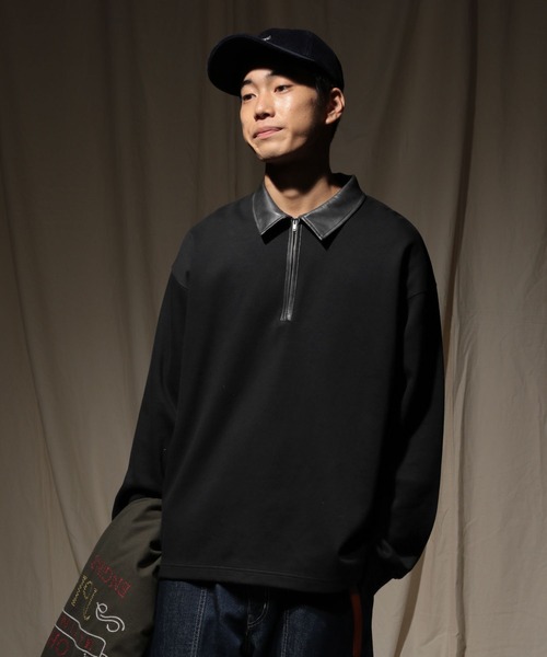 セール】フェイクレザー襟ハーフジッププルオーバー（スウェット