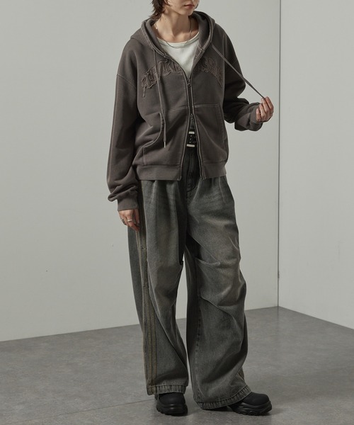 【セール】【Alfred Alex】ヴィンテージ加工ピグメント パッチロゴダブルジップパーカー【セットアップ対応】（パーカー）｜Alfred Alex（アルフレッドアレックス）