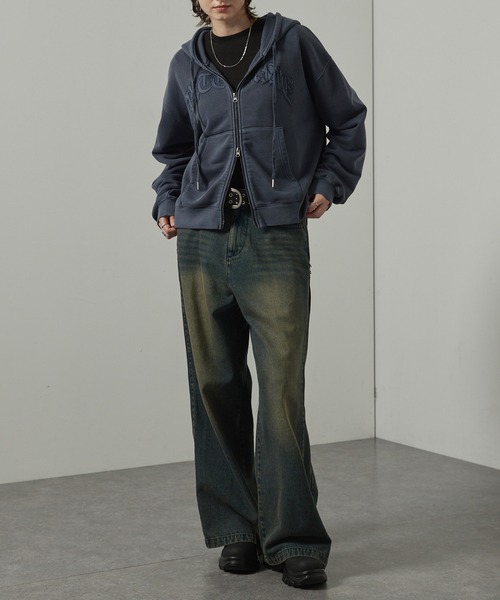 Alfred Alex】ヴィンテージ加工ピグメント パッチロゴダブルジップ