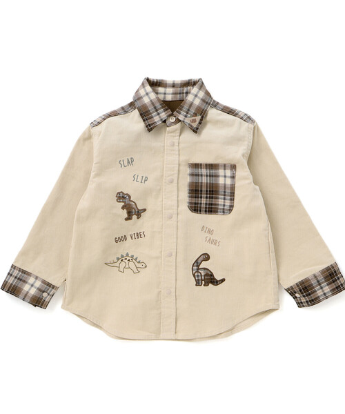 SLAP SLIP（スラップスリップ）の「【お揃い】恐竜刺しゅう切り替えチェックデニムコーデュロイシャツ(80~130cm)（シャツ/ブラウス・キッズ・ブルー/ベージュ・80ｃｍ/120cm/100cm/90cm/110cm/130cm）」の2枚目の写真