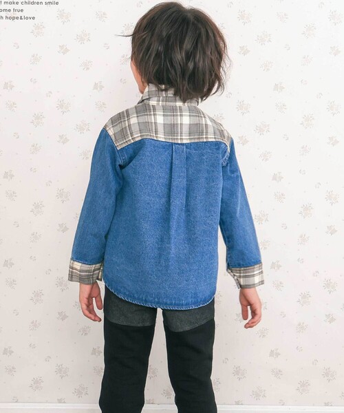 SLAP SLIP（スラップスリップ）の「【お揃い】恐竜刺しゅう切り替えチェックデニムコーデュロイシャツ(80~130cm)（シャツ/ブラウス・キッズ・ブルー/ベージュ・80ｃｍ/120cm/100cm/90cm/110cm/130cm）」の3枚目の写真