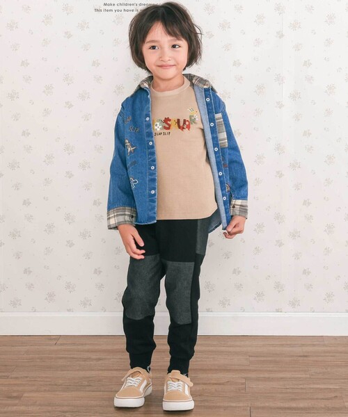 SLAP SLIP（スラップスリップ）の「【お揃い】恐竜刺しゅう切り替えチェックデニムコーデュロイシャツ(80~130cm)（シャツ/ブラウス・キッズ・ブルー/ベージュ・80ｃｍ/120cm/100cm/90cm/110cm/130cm）」の5枚目の写真