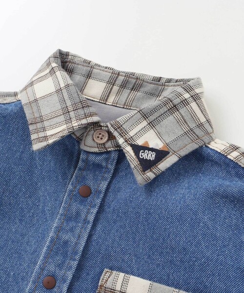 SLAP SLIP（スラップスリップ）の「【お揃い】恐竜刺しゅう切り替えチェックデニムコーデュロイシャツ(80~130cm)（シャツ/ブラウス・キッズ・ブルー/ベージュ・80ｃｍ/120cm/100cm/90cm/110cm/130cm）」の8枚目の写真