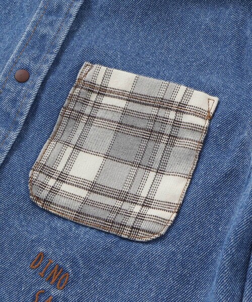 SLAP SLIP（スラップスリップ）の「【お揃い】恐竜刺しゅう切り替えチェックデニムコーデュロイシャツ(80~130cm)（シャツ/ブラウス・キッズ・ブルー/ベージュ・80ｃｍ/120cm/100cm/90cm/110cm/130cm）」の10枚目の写真