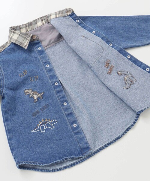 SLAP SLIP（スラップスリップ）の「【お揃い】恐竜刺しゅう切り替えチェックデニムコーデュロイシャツ(80~130cm)（シャツ/ブラウス・キッズ・ブルー/ベージュ・80ｃｍ/120cm/100cm/90cm/110cm/130cm）」の12枚目の写真