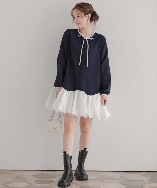 Fit more(フィットモア)の「カーブバルーンヘムミニワンピース(ワンピース・レディース・ブラック/ネイビー/ベージュ・FREE)」の9枚目の写真