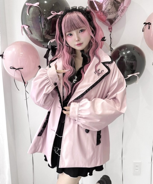 配色フリルフェイクレザージャケット / オーバーサイズ（ライダース