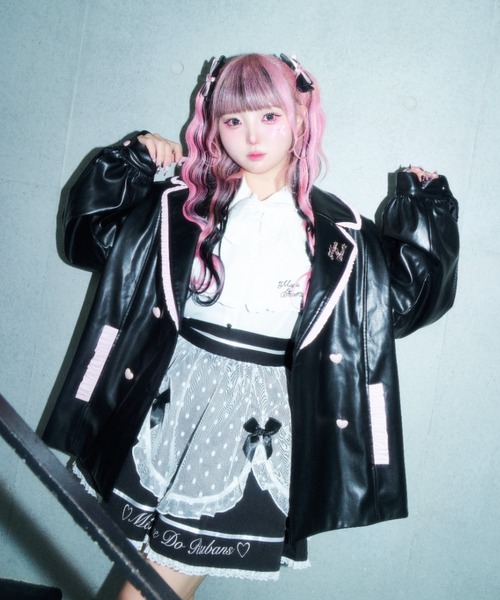 配色フリルフェイクレザージャケット（ライダースジャケット）｜Magia