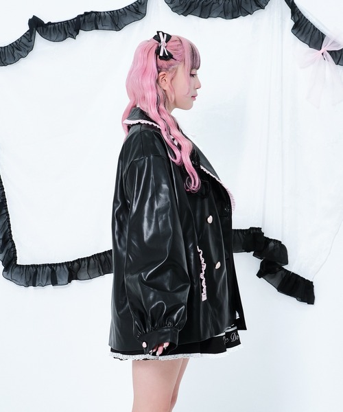 セール】配色フリルフェイクレザージャケット / オーバーサイズ