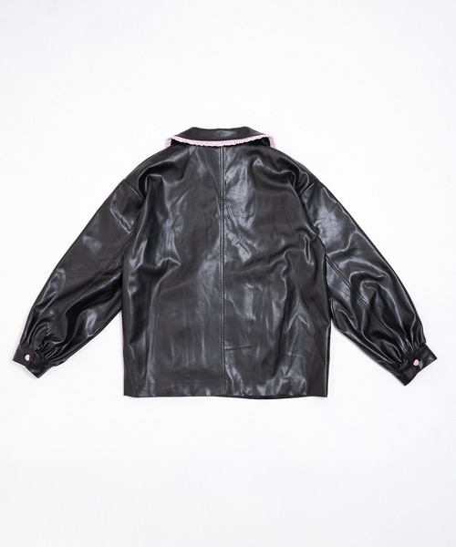 配色フリルフェイクレザージャケット（ライダースジャケット