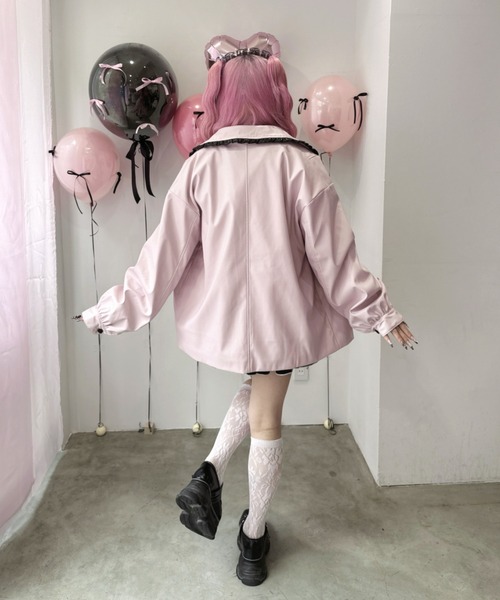 セール】配色フリルフェイクレザージャケット（ライダース