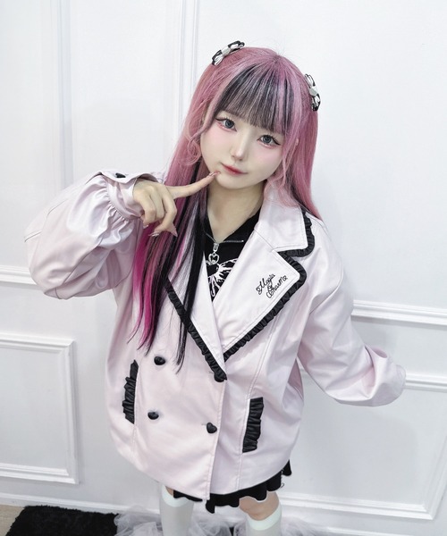 セール】配色フリルフェイクレザージャケット / オーバーサイズ