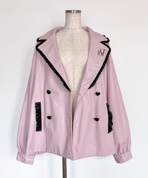 セール】配色フリルフェイクレザージャケット（ライダースジャケット