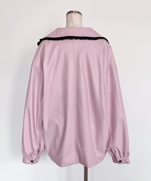 セール】配色フリルフェイクレザージャケット（ライダースジャケット