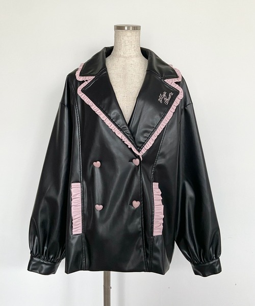 Magia Charm 配色フリルレザージャケット セール】配色フリルフェイクレザージャケット / オーバーサイズ