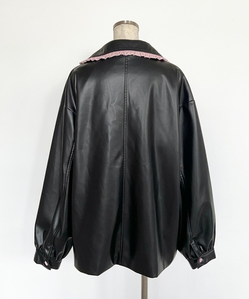 セール】配色フリルフェイクレザージャケット（ライダースジャケット