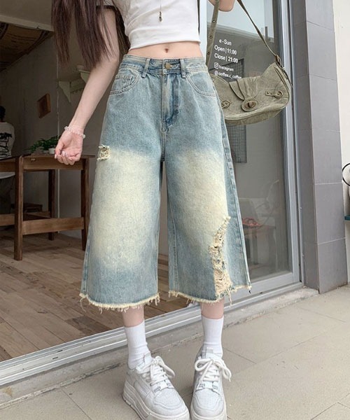 Mayree（メイリー）の「【Mayree】ハイウエスト ハーフ丈 ワイド デニム パンツ（デニムパンツ・レディース・ブルー・SMALL/MEDIUM/LARGE）」の5枚目の写真