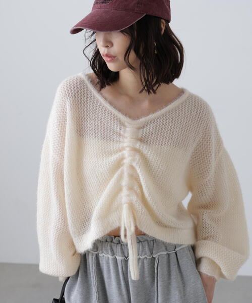 FREE'S MART（フリーズマート）の「◆前後２ＷＡＹドロストショート丈ニット（ニット/セーター・レディース・ホワイト/ブラウン/ブラック・FREE）」の2枚目の写真