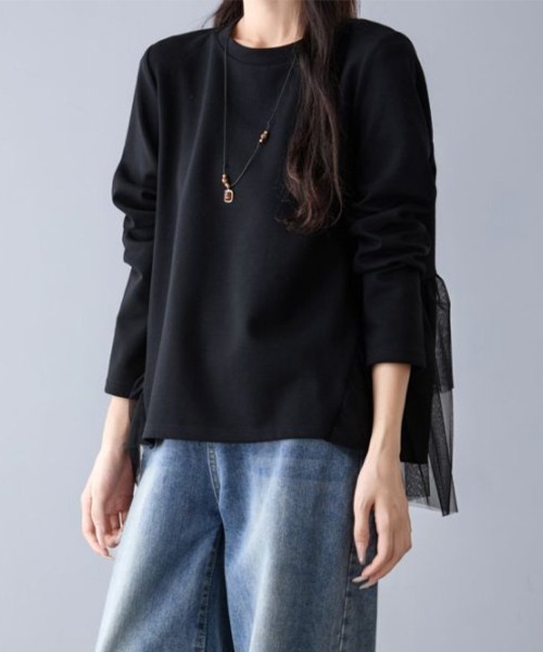 ONEP STAR（ワンピスター）の「バックティアードチュール切り替えトップス（Tシャツ/カットソー・レディース・ブラック/ピンクベージュ・FREE）」の8枚目の写真