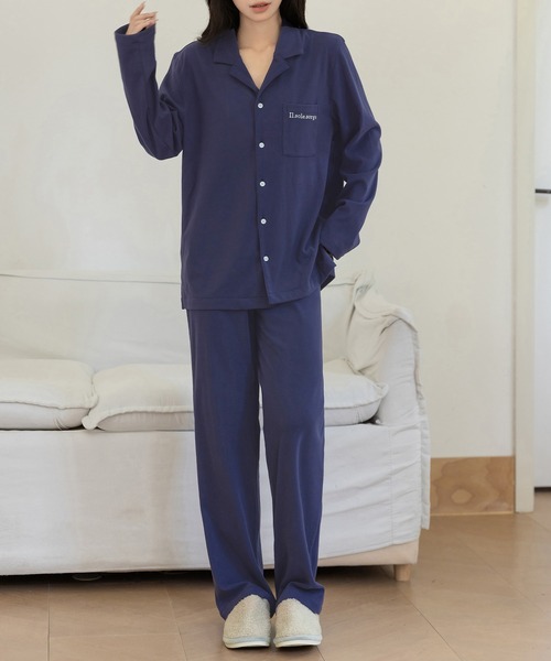 セール】【セットアップ】長袖ワンポイントロゴ開襟シャツ+ロング