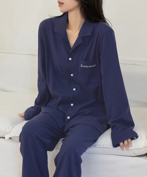 セール】【セットアップ】長袖ワンポイントロゴ開襟シャツ+ロング