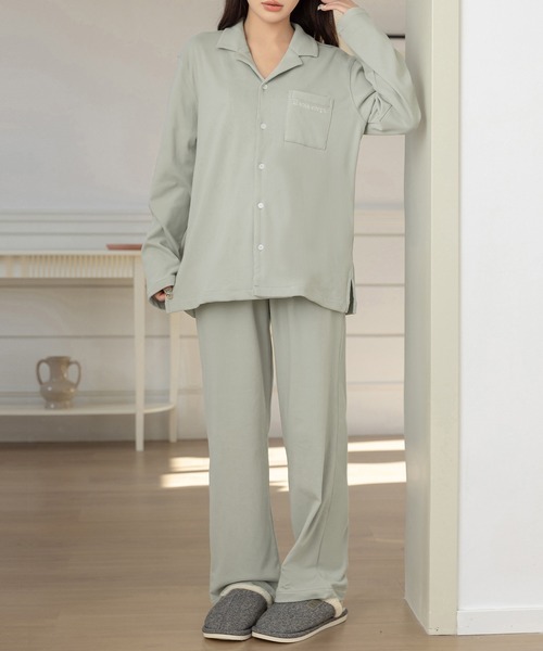 セットアップ】長袖ワンポイントロゴ開襟シャツ+ロングパンツ ルーム