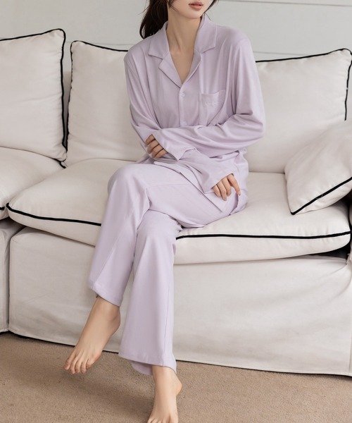 セットアップ】長袖ワンポイントロゴ開襟シャツ+ロングパンツ ルーム