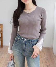 CLEAR BASIC | 袖口レースニットトップス[オフィスカジュアル 着回し抜群 大人]≪AW新作≫(ニット/セーター)