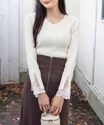 CLEAR BASIC | 袖口レースニットトップス[オフィスカジュアル 着回し抜群 大人]≪AW新作≫(ニット/セーター)