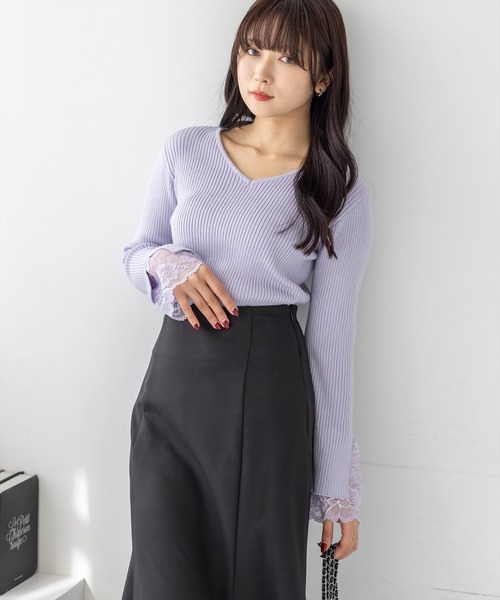 CLEAR BASIC（クリアベーシック）の「袖口レースニットトップス[オフィスカジュアル 着回し抜群 大人]≪新色追加≫（ニット/セーター・レディース・ブラック/グレイッシュベージュ/アイボリー/ラベンダー・F）」の9枚目の写真