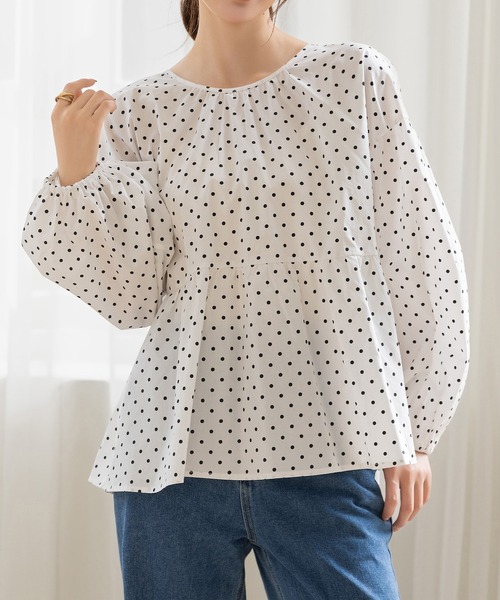 DAY CLOSET(デイ クローゼット)の「【バックリボンで360度きれい魅せ】長袖コットンブロードスモックペプラムブラウス レディース(シャツ/ブラウス・レディース・ブラック/ブラウン/ホワイト/ドット・FREE)」の12枚目の写真