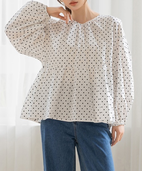 DAY CLOSET(デイ クローゼット)の「【バックリボンで360度きれい魅せ】長袖コットンブロードスモックペプラムブラウス レディース(シャツ/ブラウス・レディース・ブラック/ブラウン/ホワイト/ドット・FREE)」の8枚目の写真